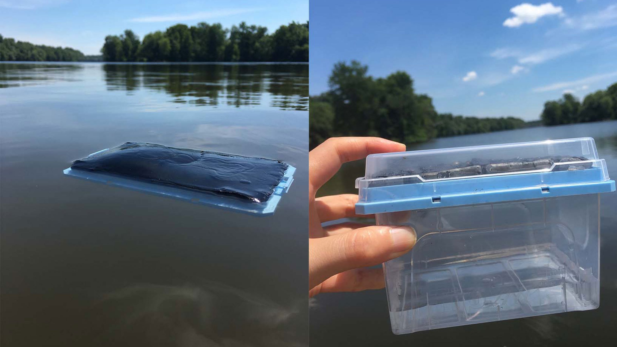 In a study conducted at Princeton University, researchers placed the gel in lake water where it absorbed pure water, leaving contaminants behind. The researchers then placed the gel in the sun, where solar energy heated up the gel, causing the discharge of the pure water into the container. (Photos by Xiaohui Xu)