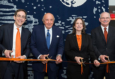 Thumbnail of the Andlinger Center ribbon cutting with President Eisgruber, Gerry Andlinger, Emily A. Carter, and Vincent Poore.