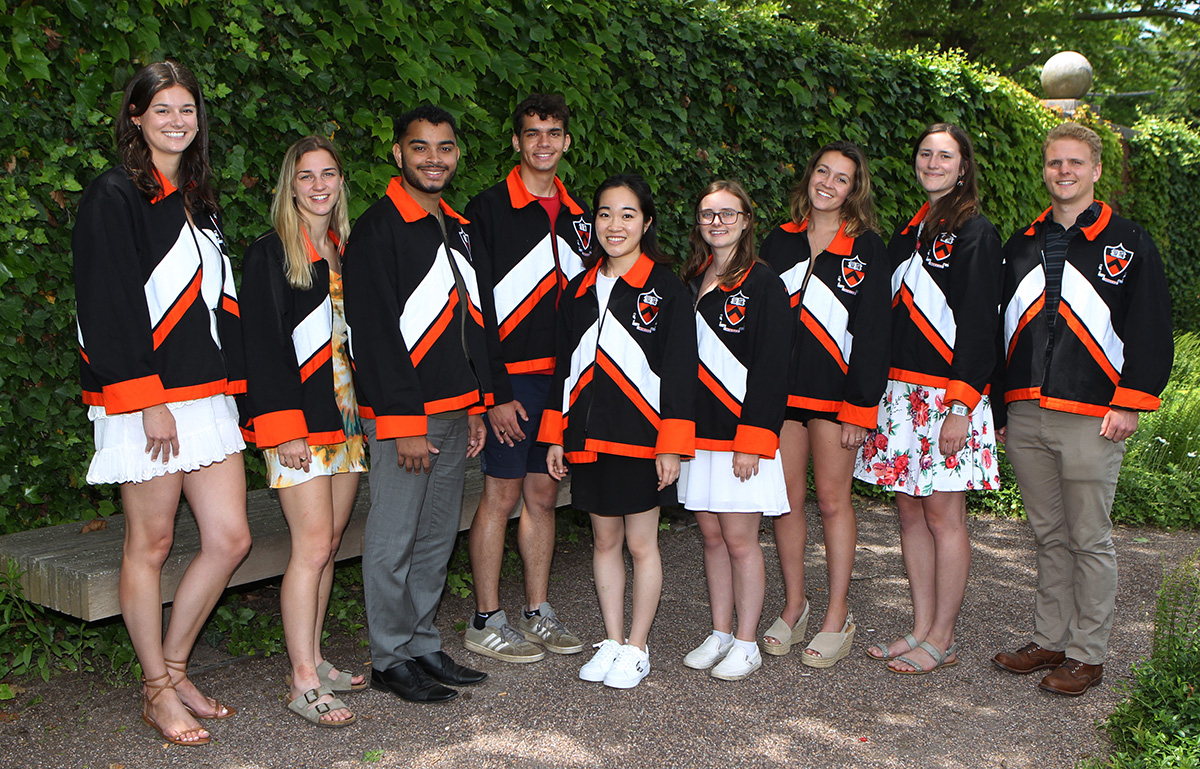 (Left to right) Graduating seniors Caroline Adkins, Demetra Yancopoulos, Benjamin Henry, Bryant Hall, Emiri Morita, Sydney Hughes, Danice Ball, Claire Wayner, and Owen Engel at the 2022 Class Day celebration. (Photo by Frank Wojciechowski)