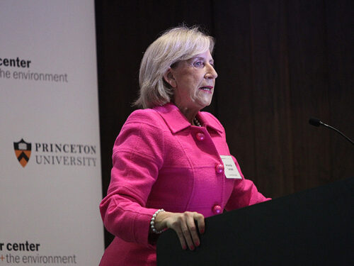 Woman in pink stands at the podium.