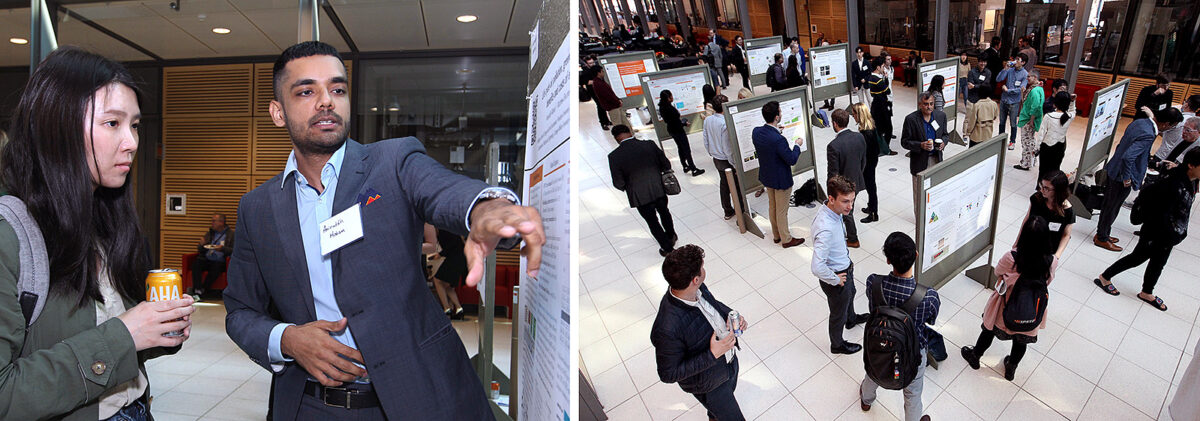 A collage of two images show, on the left, a young man in a suit pointing to a poster while a woman listens, and on the right, an overhead view of a crowd of people looking at posters on easels on a white floor.