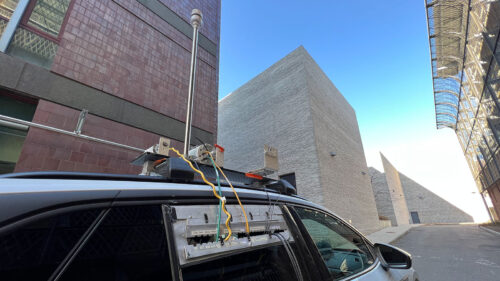 Wide shot of the methane sensors atop the vehicle.