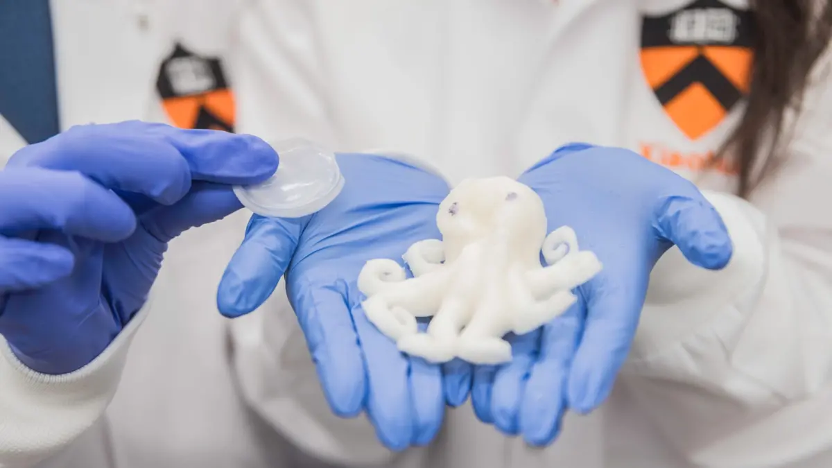 A close up of a woman's hands wearing blue rubber gloves holding a white substance shaped like a cartoon octopus.