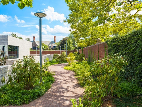 Cover image for the newsletter showing a garden pathway through the Andlinger Center.
