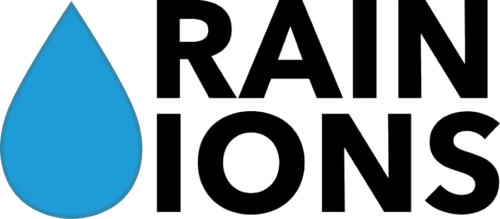 RainIons logo featuring black text beside a large blue water droplet.