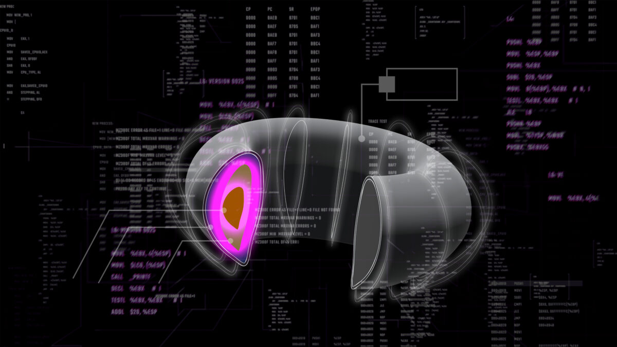 An illustration of a tokamak, cross-section cut out to show pink plasma, against floating lines of data.