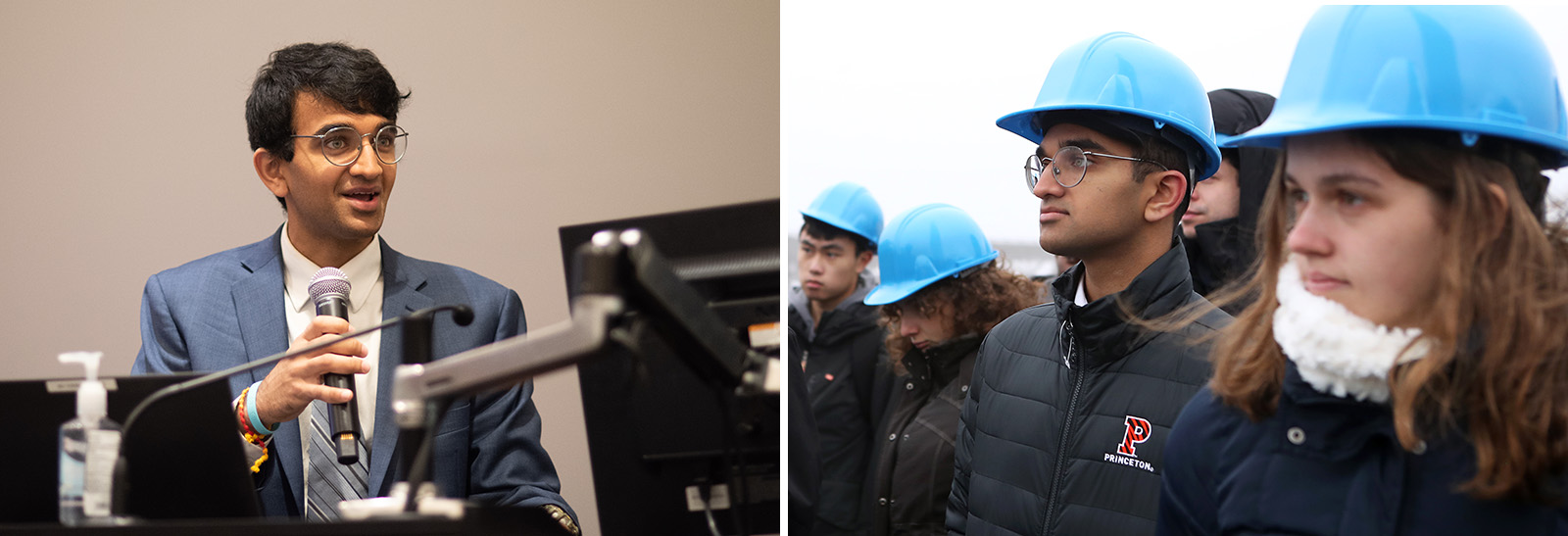 Two image photo: Left a man in a suit speaks behind a podium,and right, the same man seen outdoors wearing a hardhat with others.