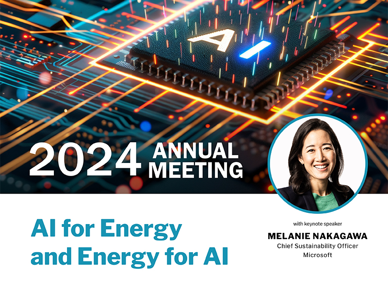 Poster showing a glowing AI microchip and the portrait of Melanie Nakagawa with words 2024 Annual Meeting: AI for Energy and Energy for AI