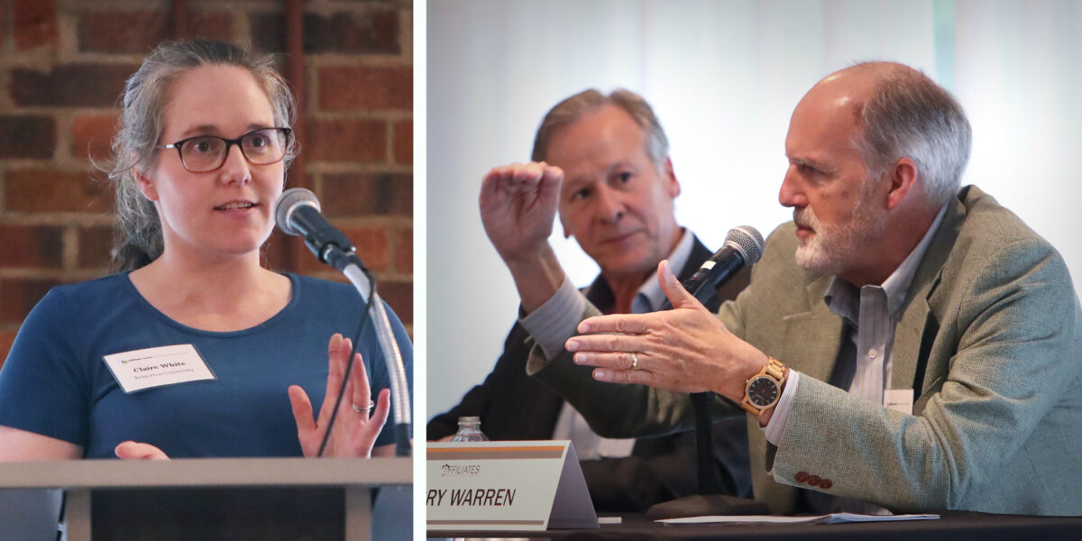 A two-photo panel: a woman at a podium speaks to a crowd and a man gestures with his hands as he speaks at a panel as another man listens.