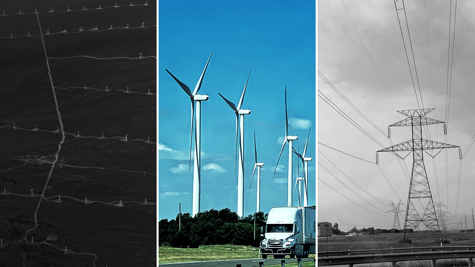 Three photos of an aerial view of a wind farm, a wind farm, and power lines.