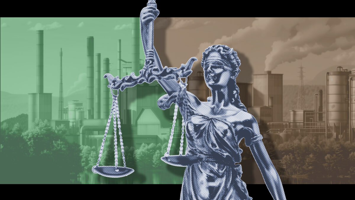 In a collage, Lady Justice stands in front a coal plant.