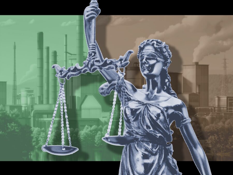 In a collage, Lady Justice stands in front of a coal plant.