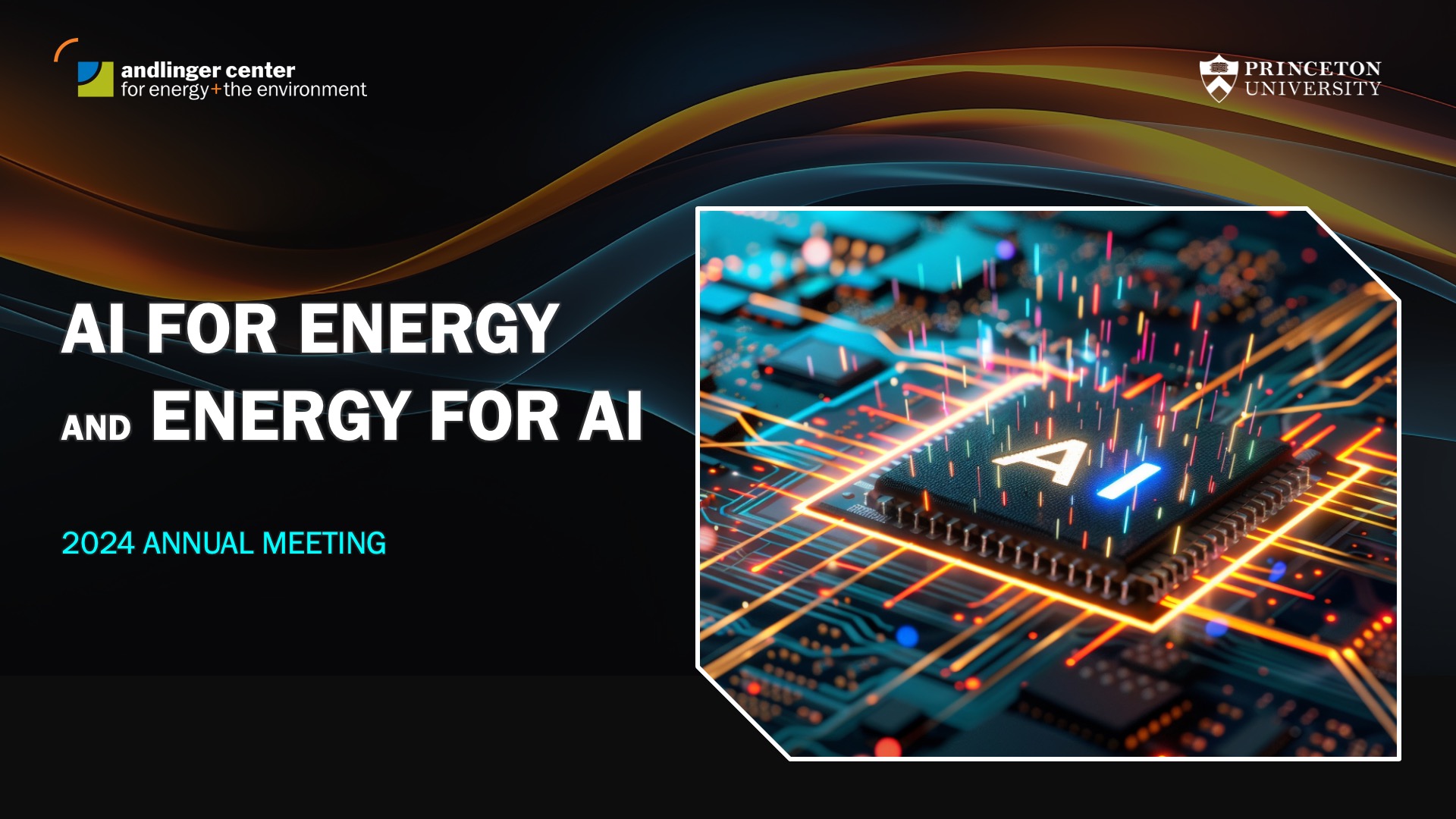 Graphic showing a glowing microchip and the words "AI for Energy and Energy for AI".