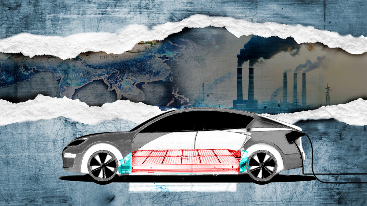 Illustration of an electric car plugged in, with its battery visible. Background shows a map of China and India, and smokestacks emitting pollution.