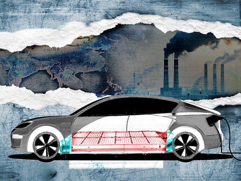 Illustration of an electric car plugged in, with its battery visible. Background shows a map of China and India, and smokestacks emitting pollution, symbolizing energy and environmental themes.