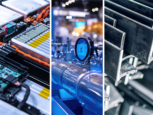 A panel of three images: EV batteries, pipe and pressure gauge, and steel beams