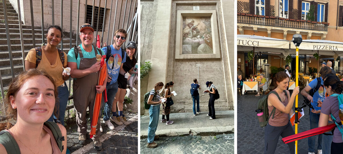A panel of three images: Holmes takes a selfie with other researchers in Italy, students writing on their notebooks in front of a frescoe, and Holmes and students holding up a small sensor on a yellow pole at an outdoor plaza.
