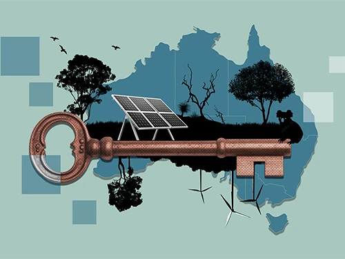 Collage featuring a brass key overlayed on a map shape of Australia. Out of the key grows trees and wildlife and solar panels and wind turbines together.