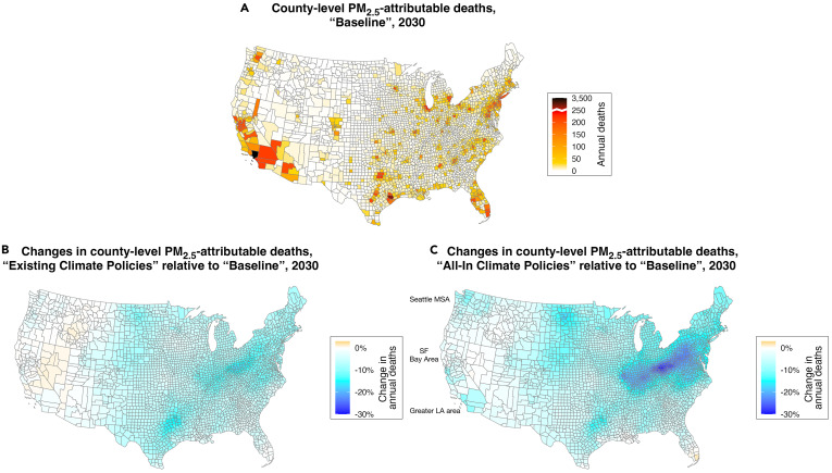 County-level PM2.5-attributable deaths in the “baseline” scenario.