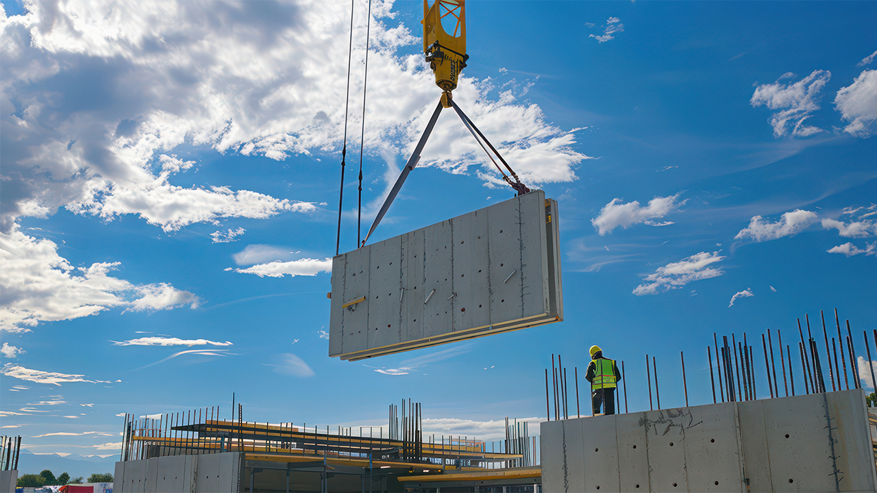 A construction worker watches a massive slab of concrete wall being hoisted down