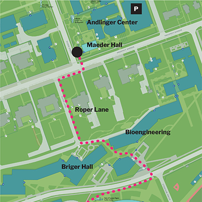 Map of the route from Andlinger Center to Frick Chemistry Lab.