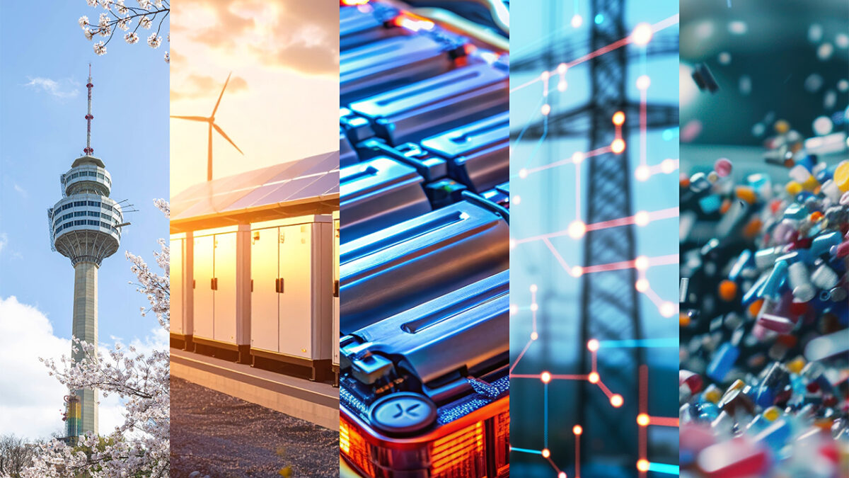 Five-panel image showing South Korea, energy storage, lithium batteries, network grid, and recyclable plastics