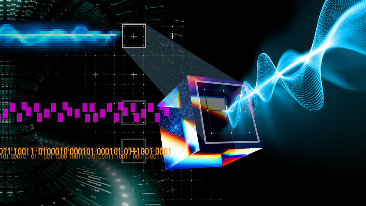A depiction of three data streams converging onto an AI cube