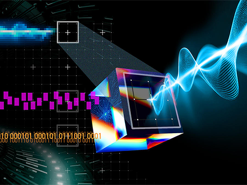 A depiction of three data streams converging onto an AI cube