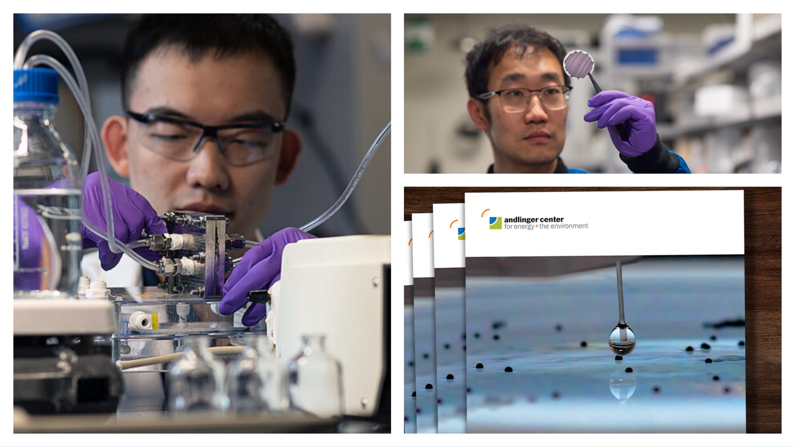 Three photos showing a researcher focused on a device with bottles and hoses, another researcher lifts up a flat circular membrane to the light, and a pile of books with a water droplet on the cover.