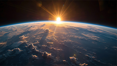 The sun setting behind the horizon of planet Earth, view from space