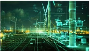 Futuristic digital rendering of solar panels, wind turbines, and factories