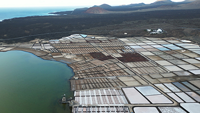 Drone aerial view of Janubio salt flats mines