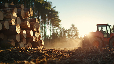 Neatly piled freshly cut timber in a forest clearing with sunlight filtering through trees and bright blue sky background, highlighting natural resources and forestry industry
