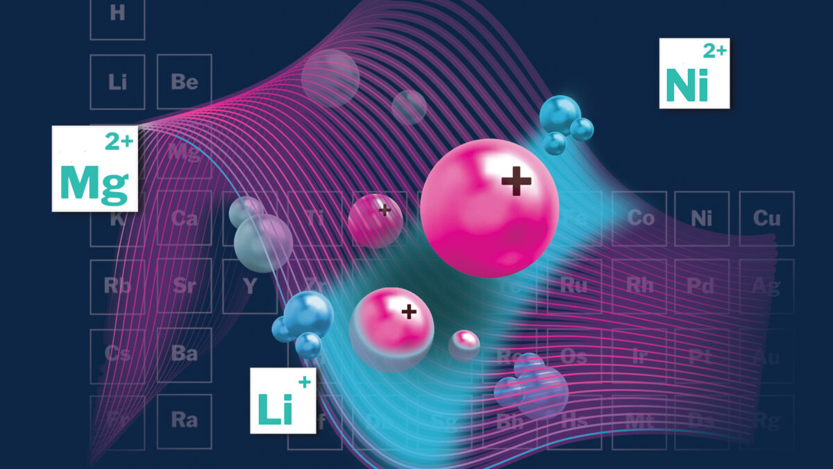 Abstract scientific illustration featuring colorful ions and elements like Mg, Li, and Ni over a blurred periodic table with dynamic pink and blue waves.