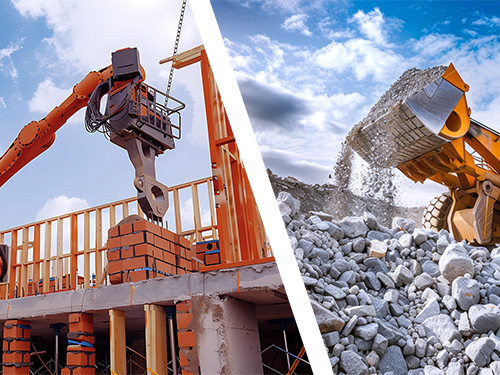 A split image: left side shows an orange robotic arm placing bricks on a construction site under a blue sky. Right side displays a yellow excavator dumping rocks, conveying industrial progress.