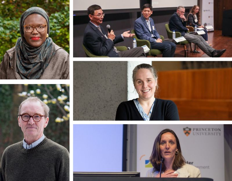 Collage of six individuals in professional settings. Includes a woman in a hijab and glasses, a conference panel discussion, and academic portraits.