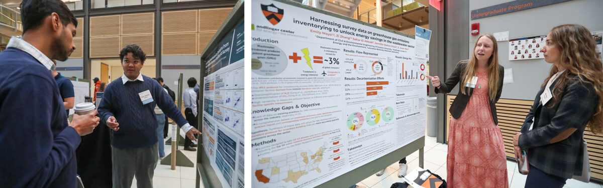 A group of people discussing research posters in an indoor academic setting. One is pointing at graphs on a poster.