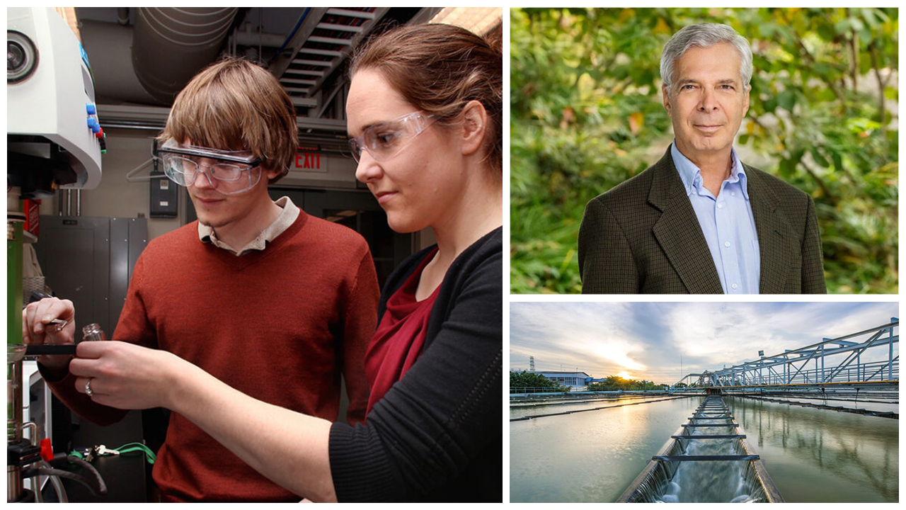 A collage of three images: two people in safety goggles working in a lab, a man in a suit smiling outdoors, and a serene water treatment facility at sunset.