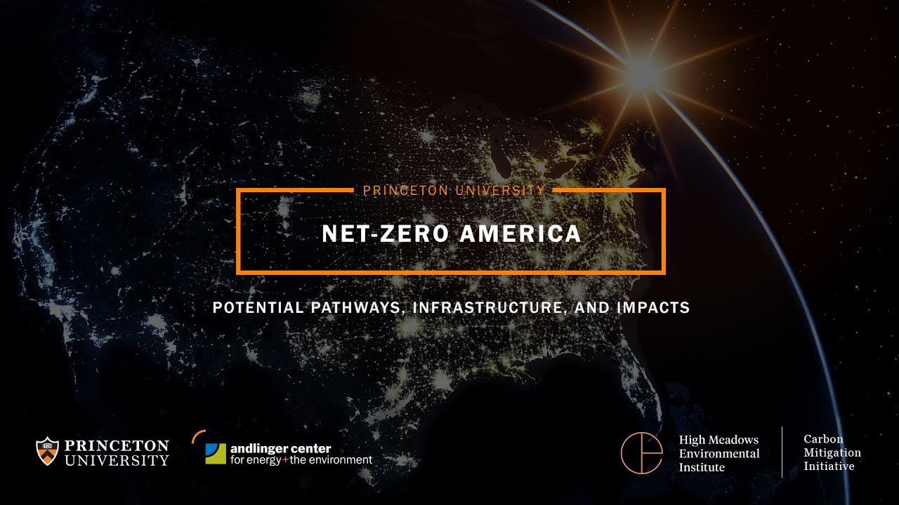 Alt text: "Image of the U.S. at night from space, highlighting city lights. Text reads 'Princeton University Net-Zero America: Potential Pathways, Infrastructure, and Impacts.' Logos for Princeton University, Andlinger Center, High Meadows Environmental Institute, and Carbon Mitigation Initiative are at the bottom."