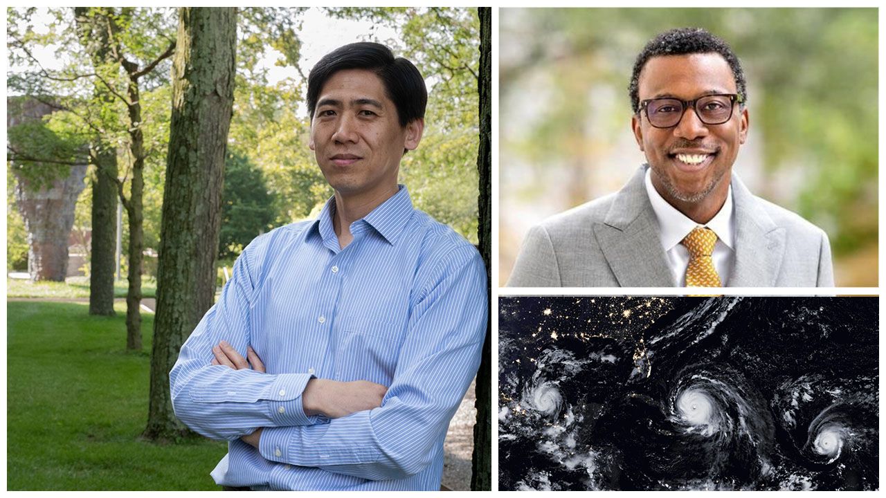 Three-image collage: a man with his arms crossed in an outdoor setting, a man in a suit smiling, and a satellite view of hurricanes forming over the ocean.