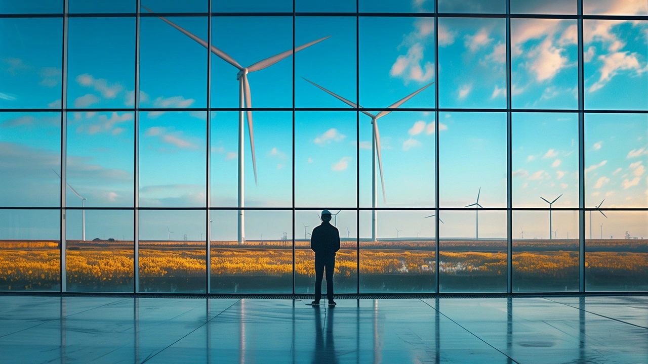A person stands inside a building, gazing through large windows at wind turbines set against a blue sky and golden field