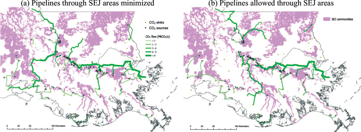 Two side-by-side maps showing pink splotches and green lines