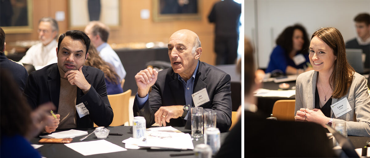 A two-panel image where two men, on the left, and a woman, on the right, are seen in a roundtable discussions.