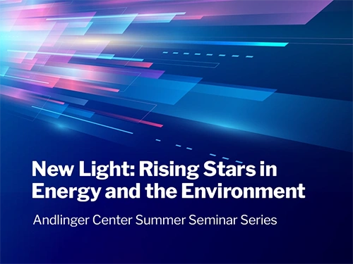 A vibrant, futuristic design with streaks of light in blue and purple hues. Text reads: “New Light: Rising Stars in Energy and the Environment.”