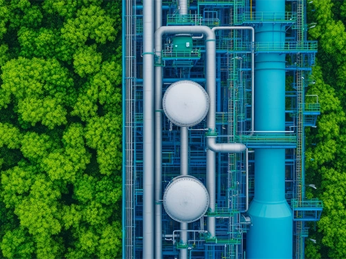 Aerial view of a juxtaposition between lush green forest on the left and an industrial complex with blue pipes and structures on the right.