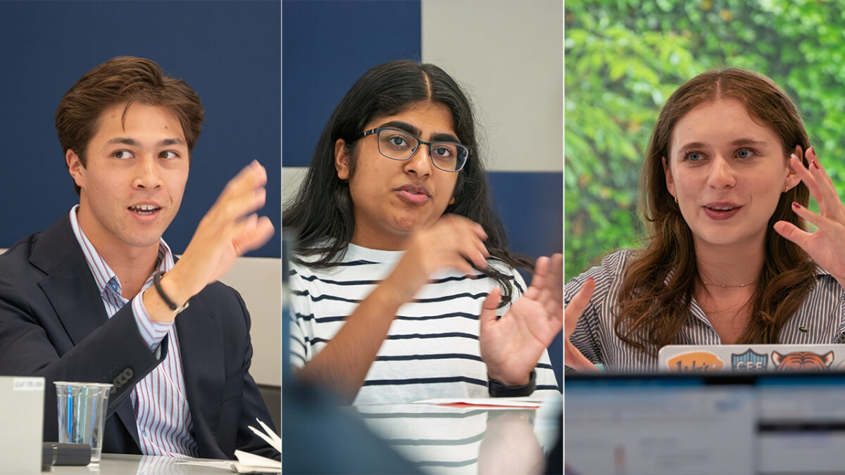 Three images showing Alex, Anuja, and Cynthia gesturing with their hands during their presentations.