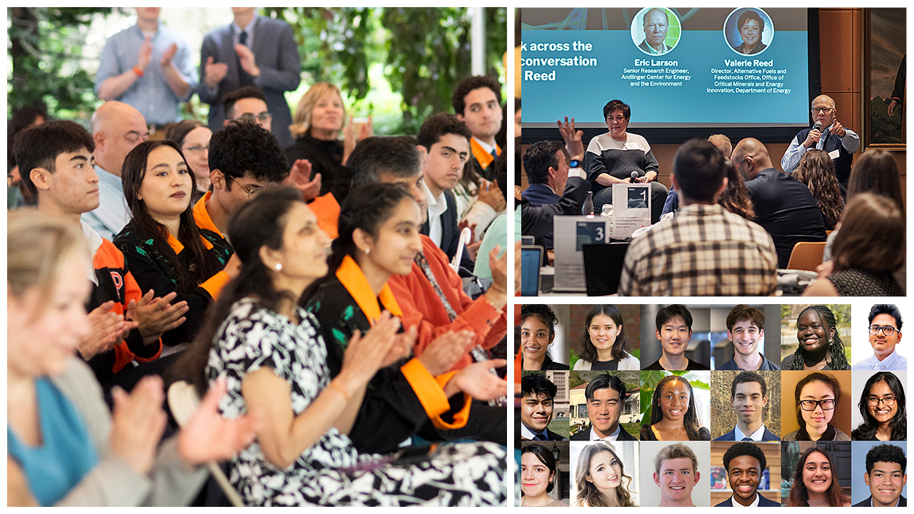 Three image collage: a n engaged student crowd, a lively seminar and a grid of 18 headshots of students