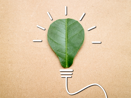 Illustration of a lightbulb made out of a green leaf.