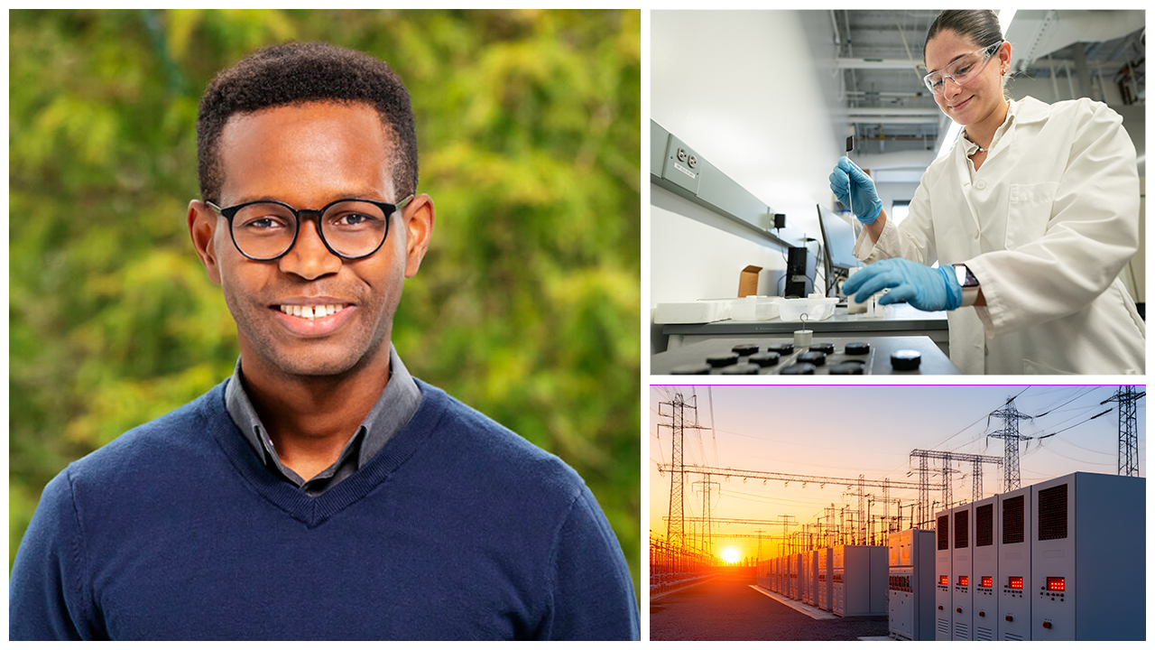 Three image collage: a portrait of a man, a woman researcher in the lab, and a power grid at sunset.