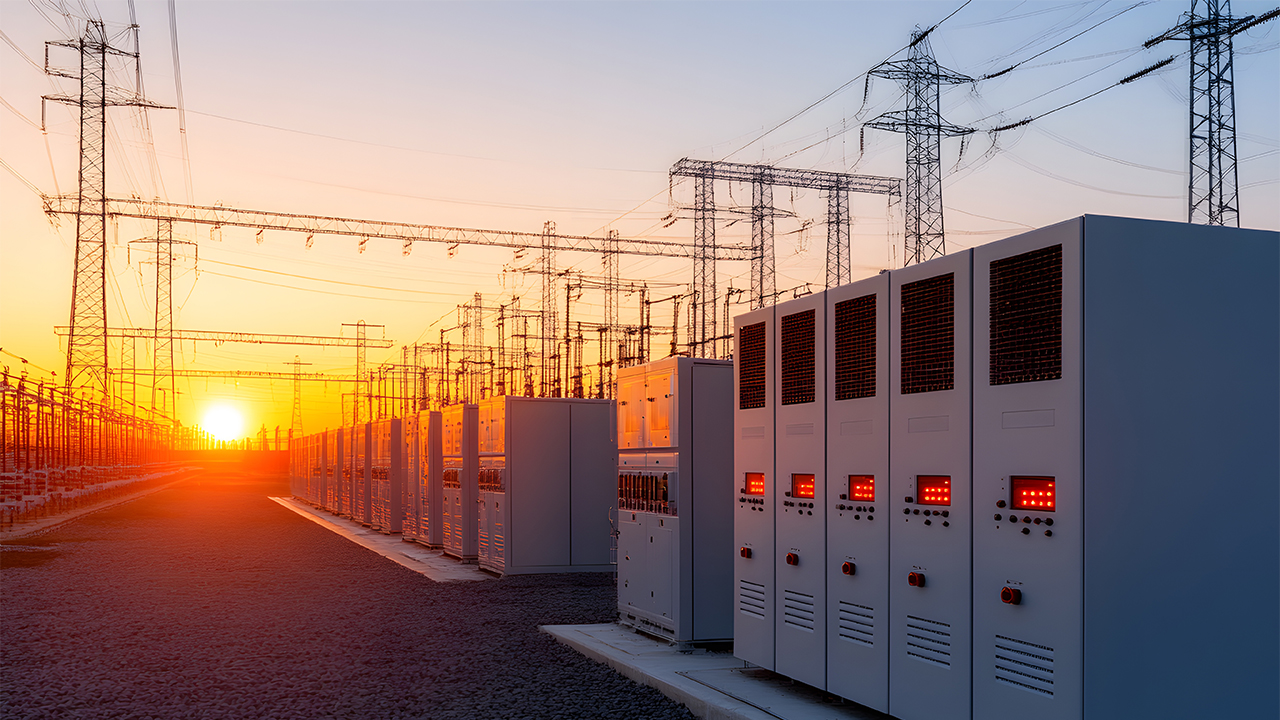 Sunset over an electrical power grid